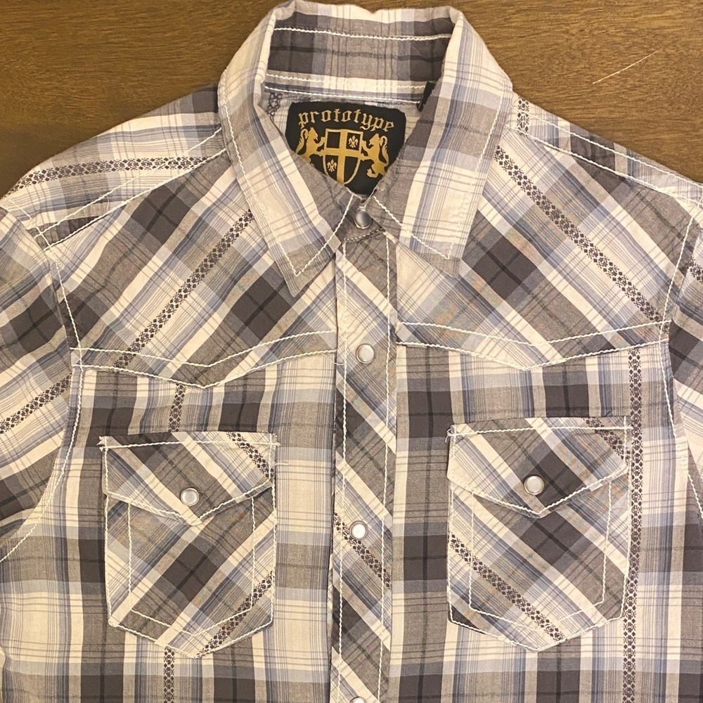 Pearl Snap Button Sz Medium. Prototype Brand Cotton Plaid Western Shirt EUC
